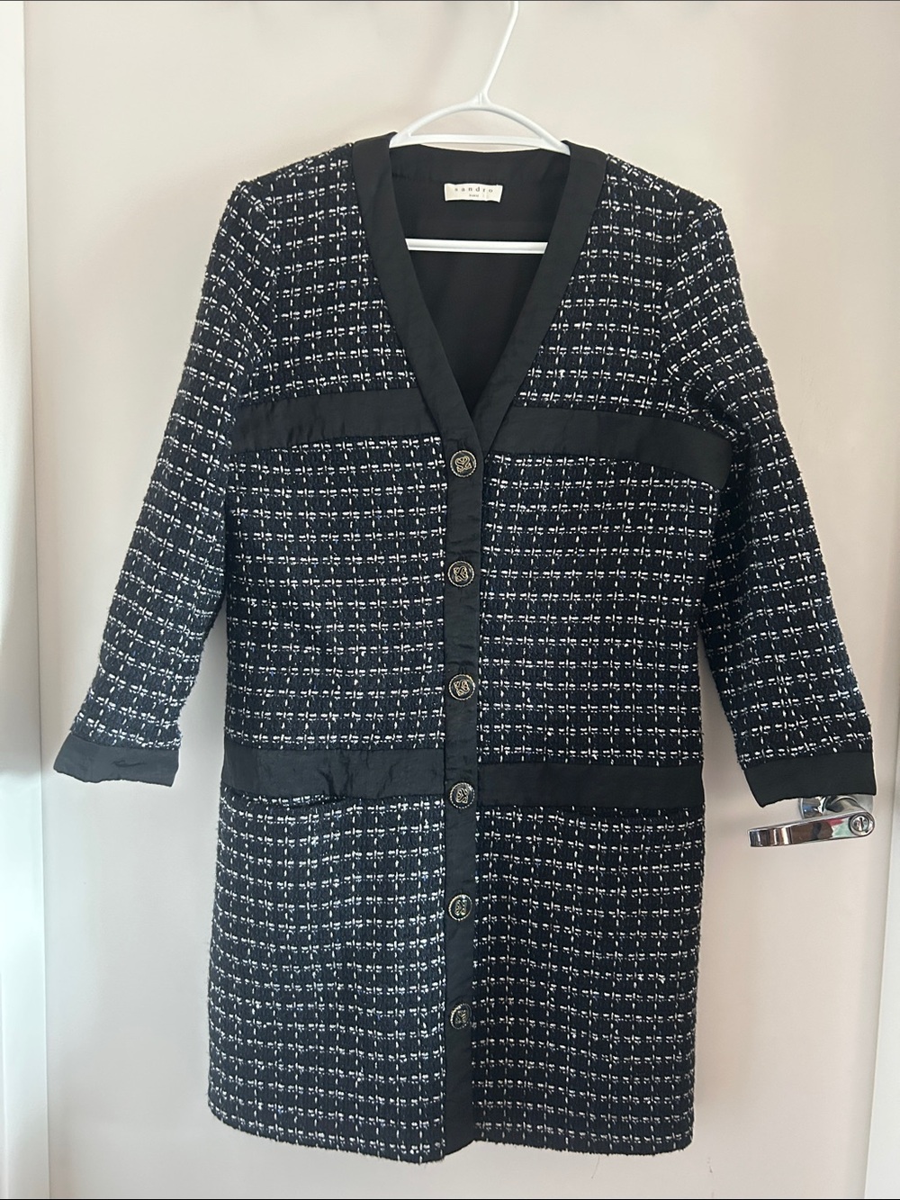 Like new Sandro Black & White Tweed Long Blazer Jacket